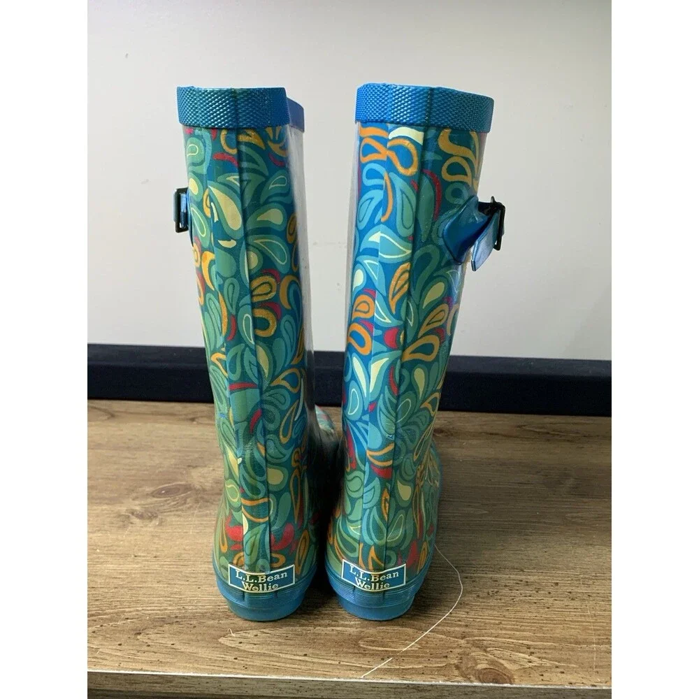🌻2 for $20🌻 LL Bean Wellie Rain Boots Kids Blue Paisley Girls Size 6 Outdoor